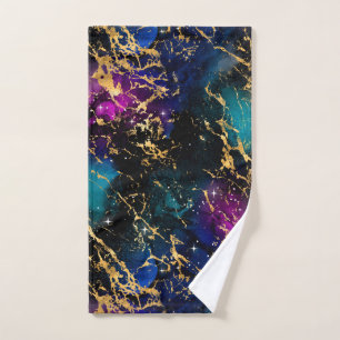 Watercolor Rainbow & Black & Gold Marble Galaxy Hand Towel