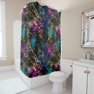 Watercolor Rainbow & Black & Gold Marble Galaxy Shower Curtain