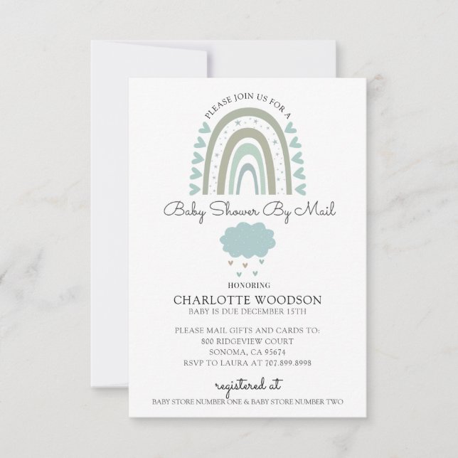 Watercolor Rainbow Blue Baby Boy Shower By Mail Invitation (Front)