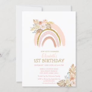 Watercolor Rainbow Boho Flowers Striped Birthday Invitation