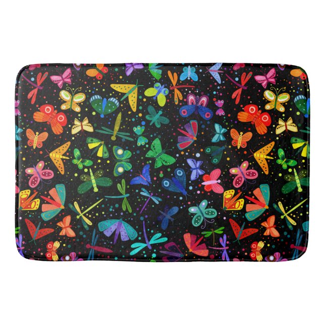 Watercolor Rainbow Butterflies Kids Pattern Bath Mat (Front)