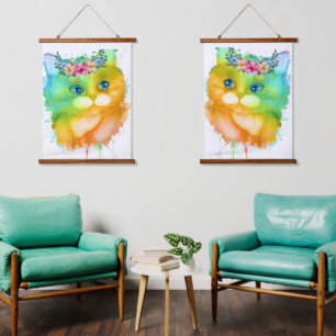 Watercolor Rainbow Cat Floral Duo Hanging Tapestry