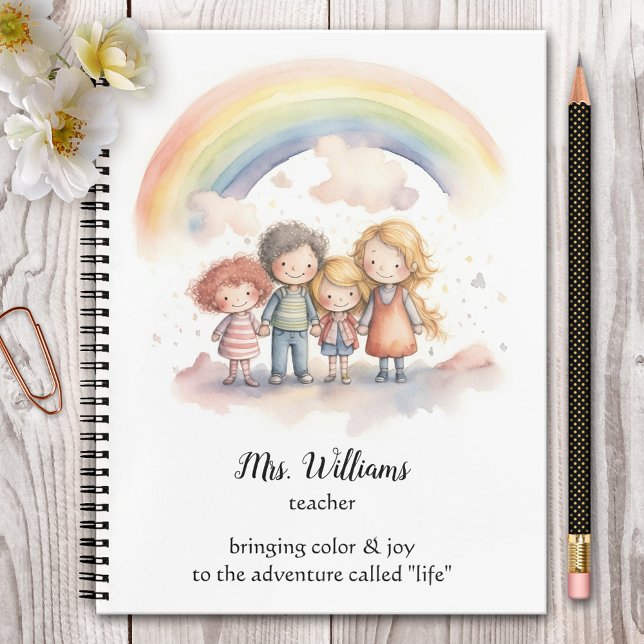 Watercolor Rainbow Children Teacher Notebook (Cute teacher notebook featuring a watercolor painting of children hand in hand under the rainbow.)