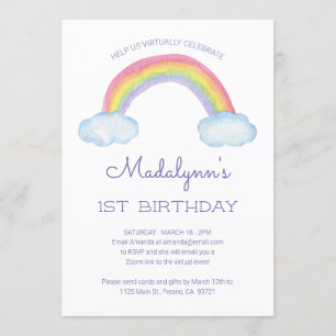 Watercolor Rainbow Childs Virtual Online Birthday Invitation