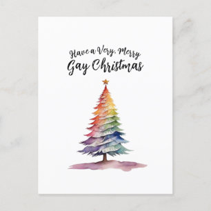 Watercolor Rainbow Christmas Tree Gay Holiday Postcard