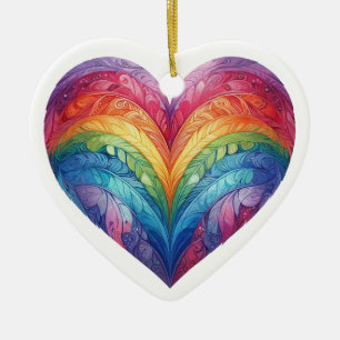 WATERCOLOR RAINBOW COLORED HEARTS CERAMIC TREE DECORATION