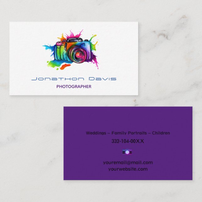 Watercolor Rainbow Colour Photography Camera Business Card (Front/Back)