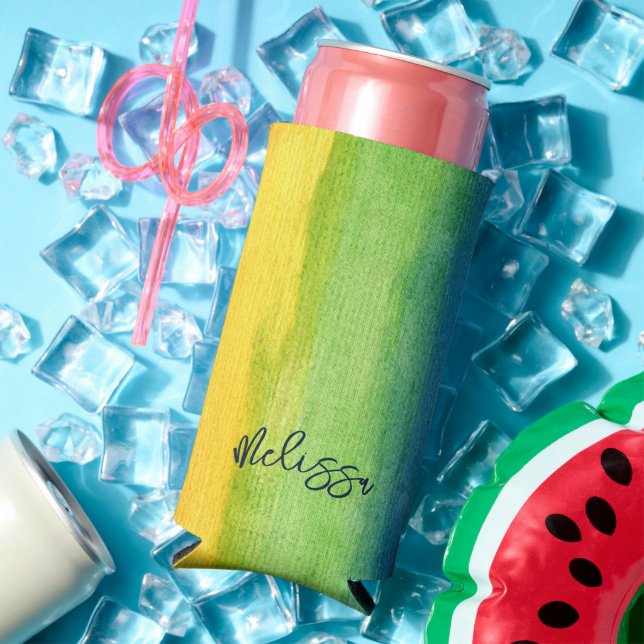Watercolor Rainbow Colourful Personalised Keepsake Seltzer Can Cooler (In Situ Summer)