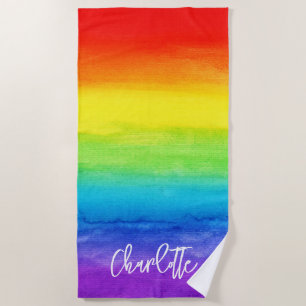 Watercolor Rainbow Colourful Personalised Modern Beach Towel