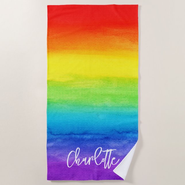 Watercolor Rainbow Colourful Personalised Modern Beach Towel (Front)