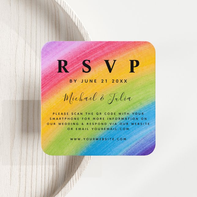 Watercolor Rainbow Colourful QR Code Wedding RSVP Enclosure Card (Creator Uploaded)