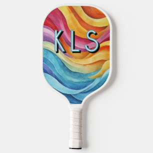 Watercolor Rainbow Colourful Swirl Monogram Pickleball Paddle
