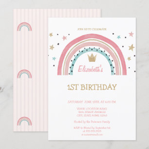 Watercolor Rainbow Crown Striped Birthday  Invitation