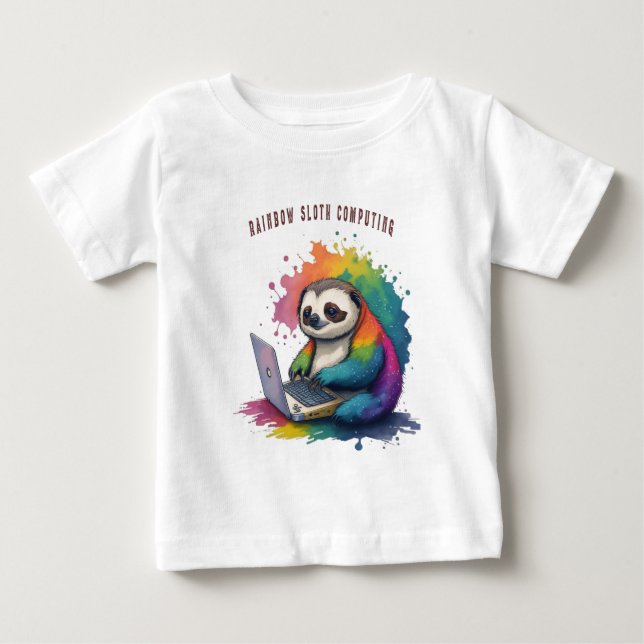 Watercolor Rainbow Cute Sloth Computing Baby T-Shirt (Front)