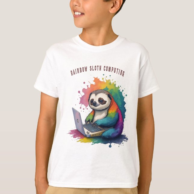 Watercolor Rainbow Cute Sloth Computing T-Shirt (Front)