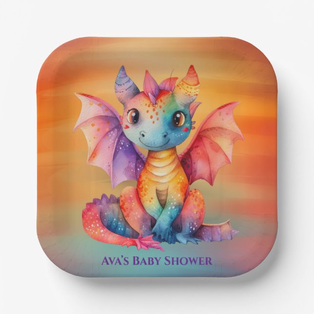 Watercolor Rainbow Dragon Baby Shower Paper Plate (Front)
