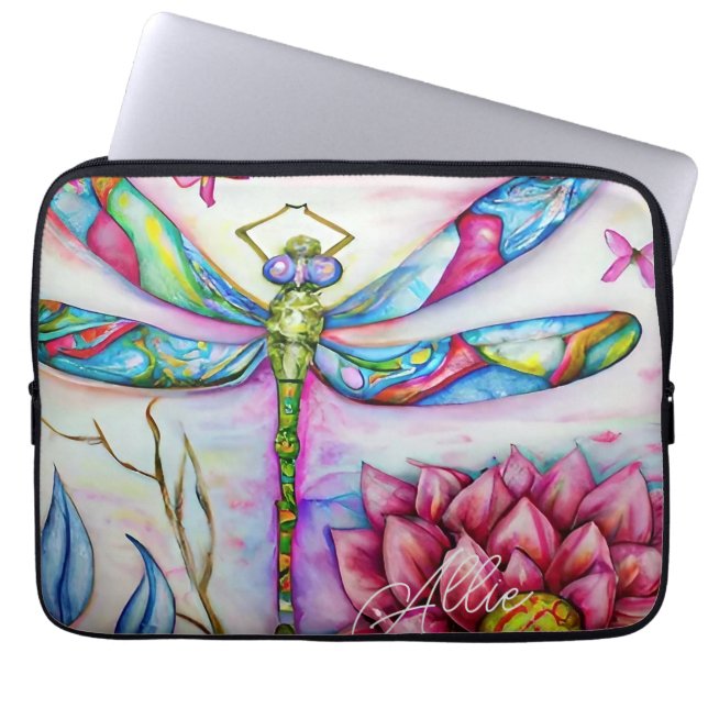 Watercolor Rainbow Dragonfly, Personalise Laptop Sleeve (Front)