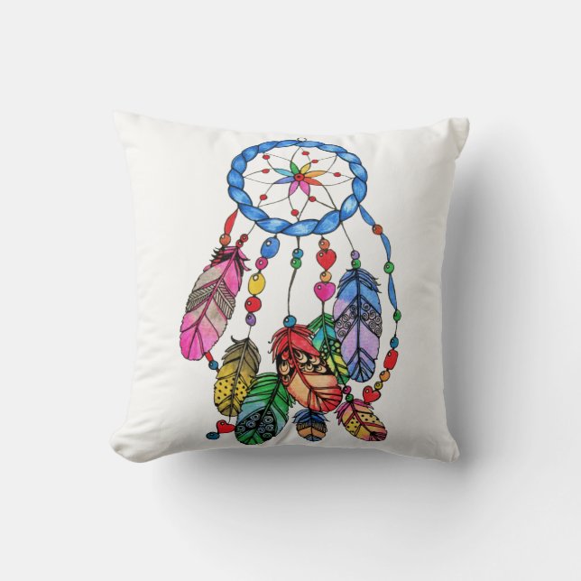 Watercolor rainbow dream catcher & inspiring words cushion (Front)