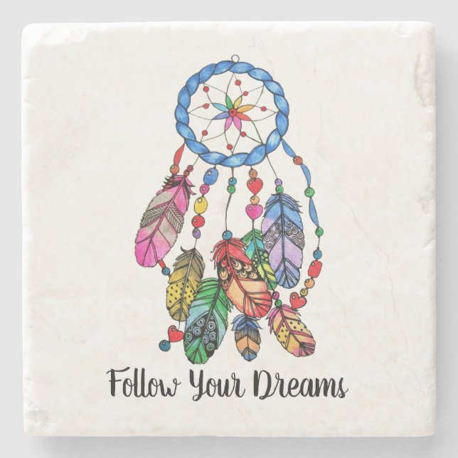 Watercolor rainbow dream catcher & inspiring words stone coaster (Front)