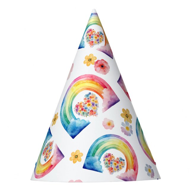 Watercolor Rainbow Floral Birthday Party Hat (Front)