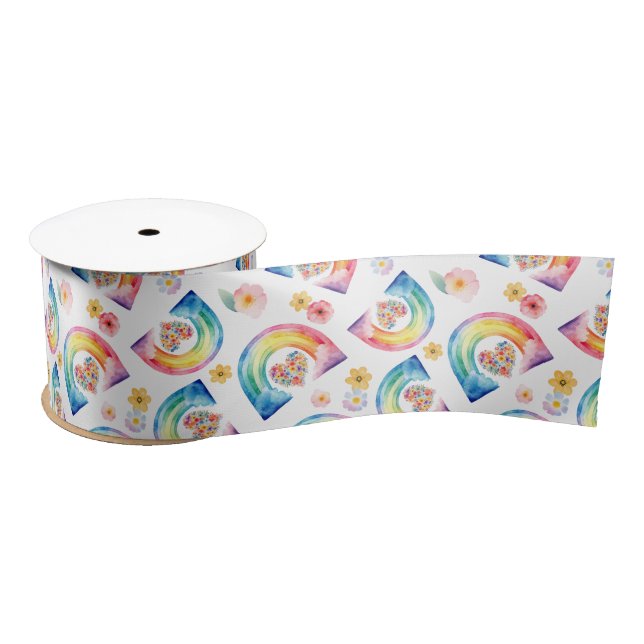 Watercolor Rainbow Floral Heart Satin Ribbon (Spool)
