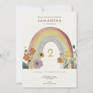 Watercolor Rainbow Flowers 2nd Birthday Party Invitation
