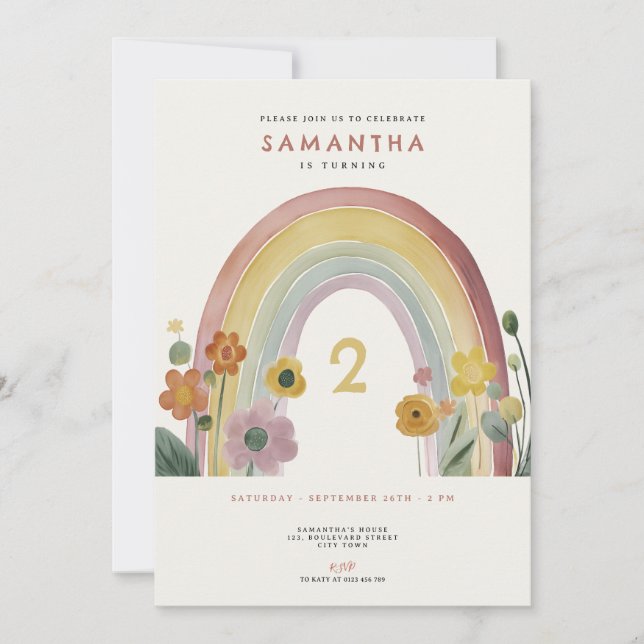 Watercolor Rainbow Flowers 2nd Birthday Party Invitation (Front)