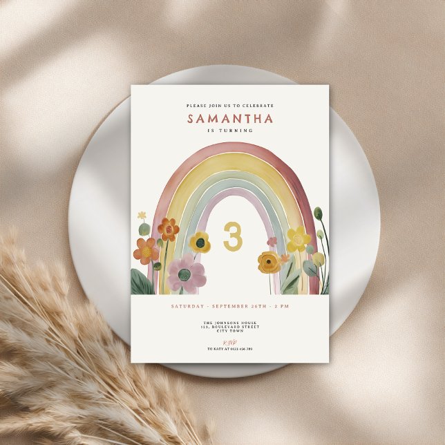 Watercolor Rainbow Flowers 3rd Birthday Party Invitation (Creator Uploaded)