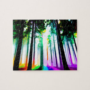 Watercolor Rainbow Forest with Silhouette Trees Jigsaw Puzzle