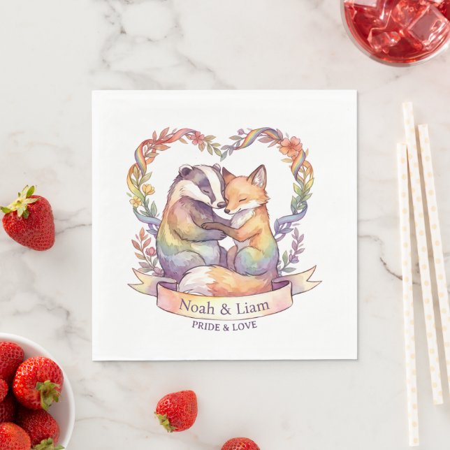 Watercolor Rainbow Fox & Badger Pride Personalised Napkin (Insitu)