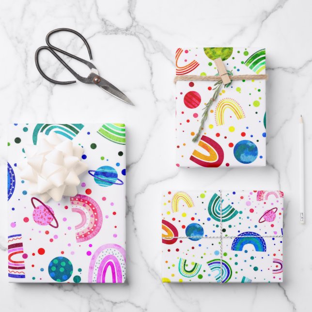 Watercolor Rainbow Galaxy Birthday Colourful Girls Wrapping Paper Sheet (Front)