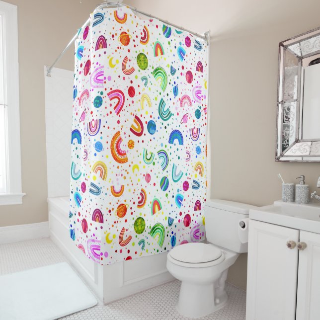Watercolor Rainbow Galaxy Girls Colourful Shower Curtain (In Situ)