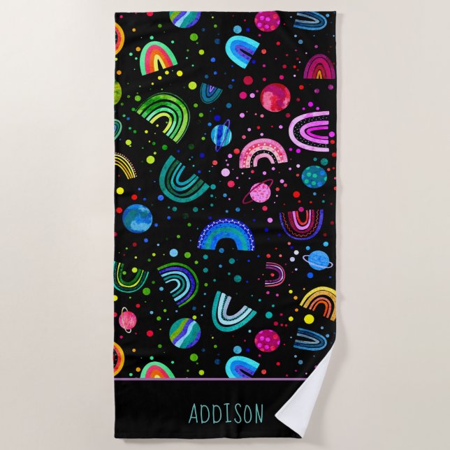 Watercolor Rainbow Galaxy Personalised Girls Beach Towel (Front)