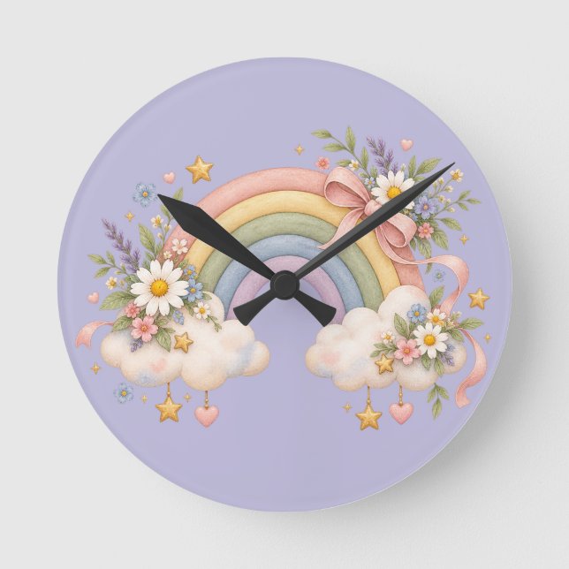 Watercolor Rainbow Gift – Charming Cloud Round Clock (Front)