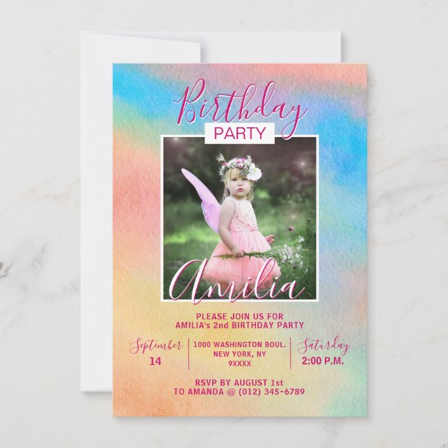 Watercolor Rainbow Girl BIRTHDAY Party | PHOTO Invitation (Front)