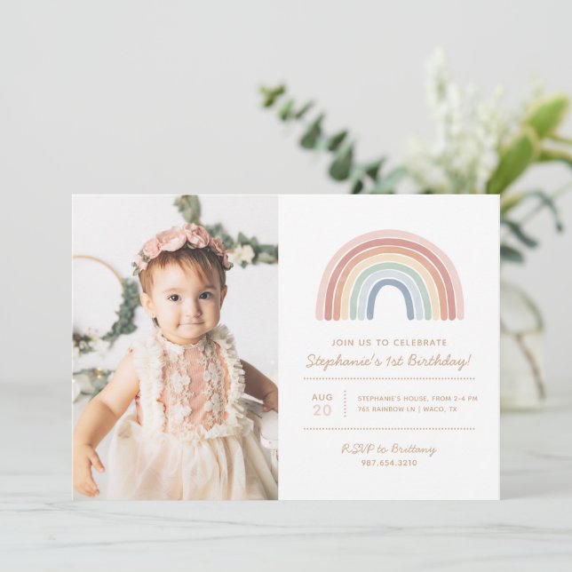 Watercolor Rainbow Girl Birthday Party Photo Invitation (Standing Front)