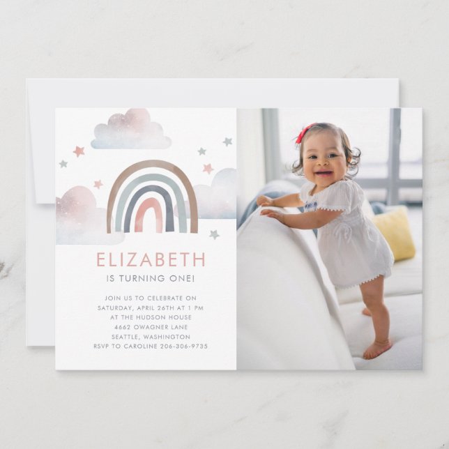 Watercolor Rainbow Girl First Birthday Party Invitation (Front)