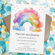 Watercolor Rainbow Girls Double Birthday Invitation