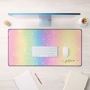 Watercolor Rainbow Glitter Pink Yellow Green Blue Desk Mat