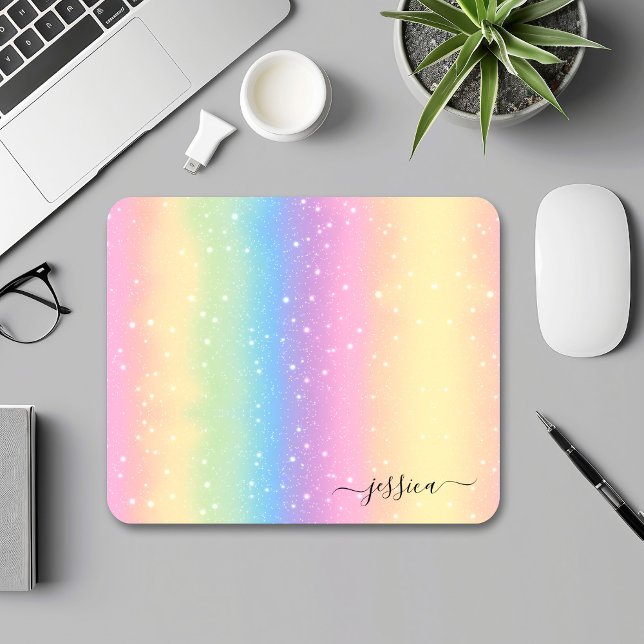 Watercolor Rainbow Glitter Pink Yellow Green Blue Mouse Mat (Creator Uploaded)