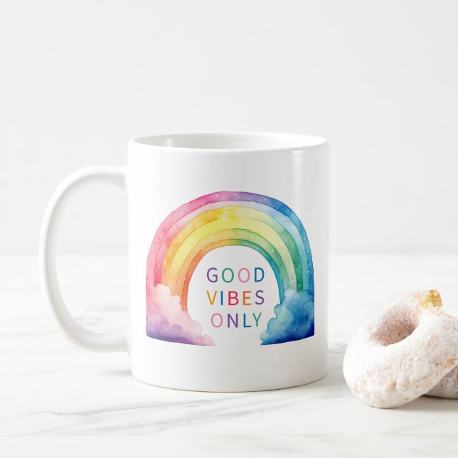 Watercolor Rainbow Good Vibes Only Coffee Mug (With Donut)