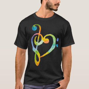Watercolor Rainbow Heart Bass Clef Musical Note T-Shirt