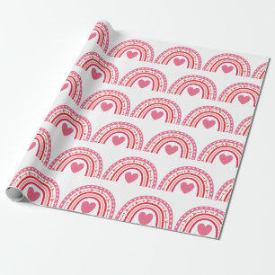 Watercolor Rainbow Hearts Pink Wrapping Paper