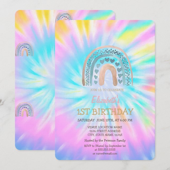 Watercolor Rainbow Hearts Tie Dye Birthday  Invitation (Front/Back)