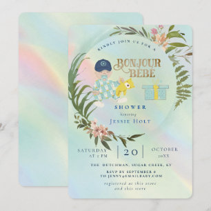Watercolor Rainbow Holograph Bonjour Boy Baby Invitation