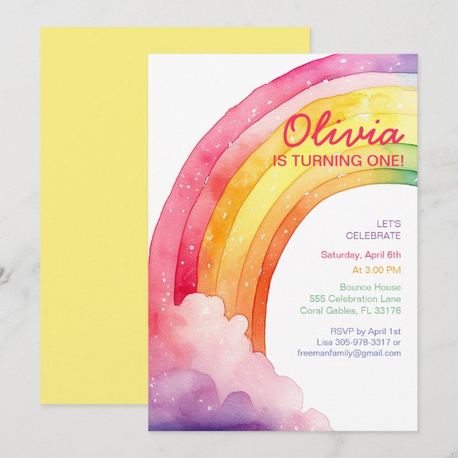 Watercolor Rainbow Kids Birthday Party Invite (Front/Back)