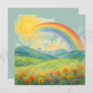Watercolor Rainbow Landscape with Sun&Wildflowers
