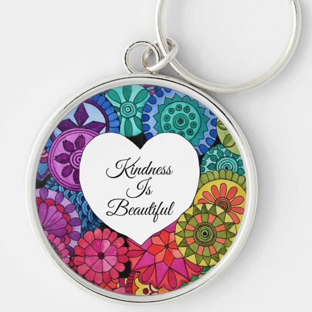 Watercolor Rainbow Mandala With Heart Key Ring (Front)