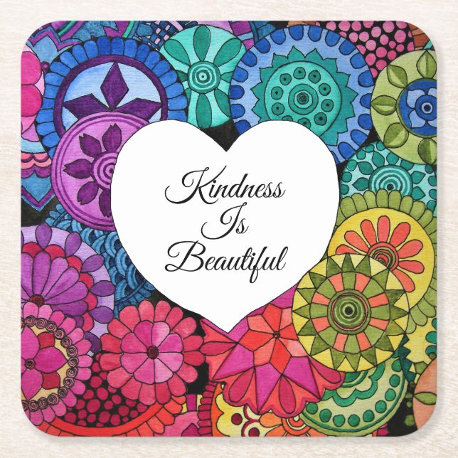 Watercolor Rainbow Mandala With Heart Square Paper Coaster (Front)