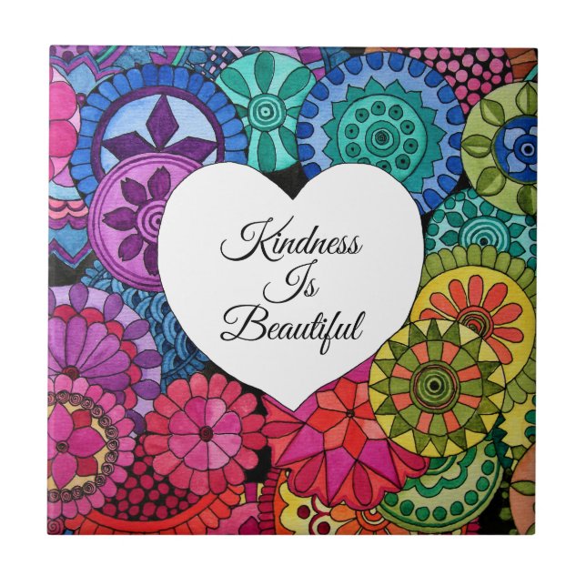 Watercolor Rainbow Mandala With Heart Tile (Front)